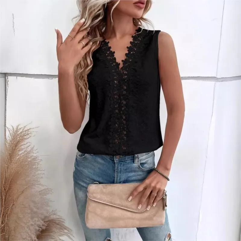 Summer New V-neck Patchwork Hollowed Out Lace Vest Top For Women Elegant Office Lady Sleeveless Solid Color Pullover Shirts