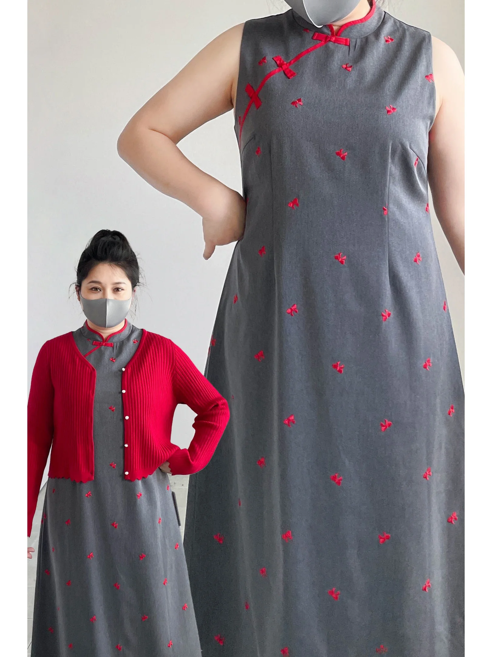 

plus Size Maternity Set 200 Pounds Slimming A-Line Knitted Open Cardigan Spring New Chinese Style Long Dress