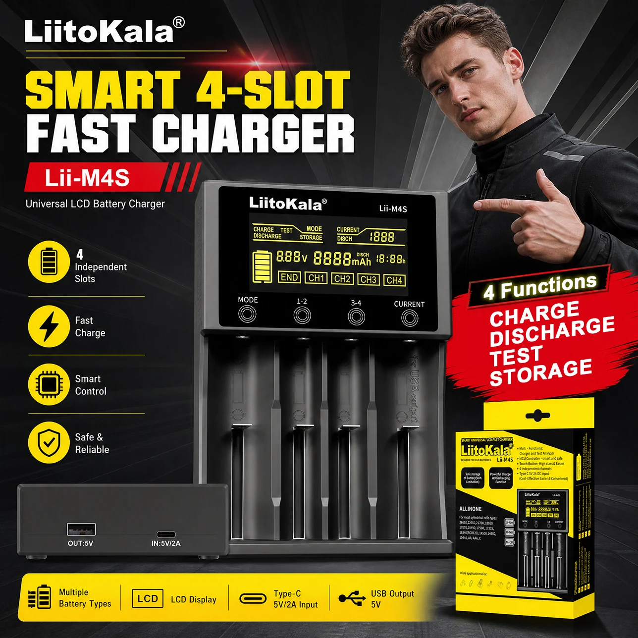 Liitokala Lii-M4S Smart Charger LCD 4 Slot Touch Type-C 18650 21700 26650 AA AAA Ni-MH Li-Ion Test Discharge Storage Power Bank view 6