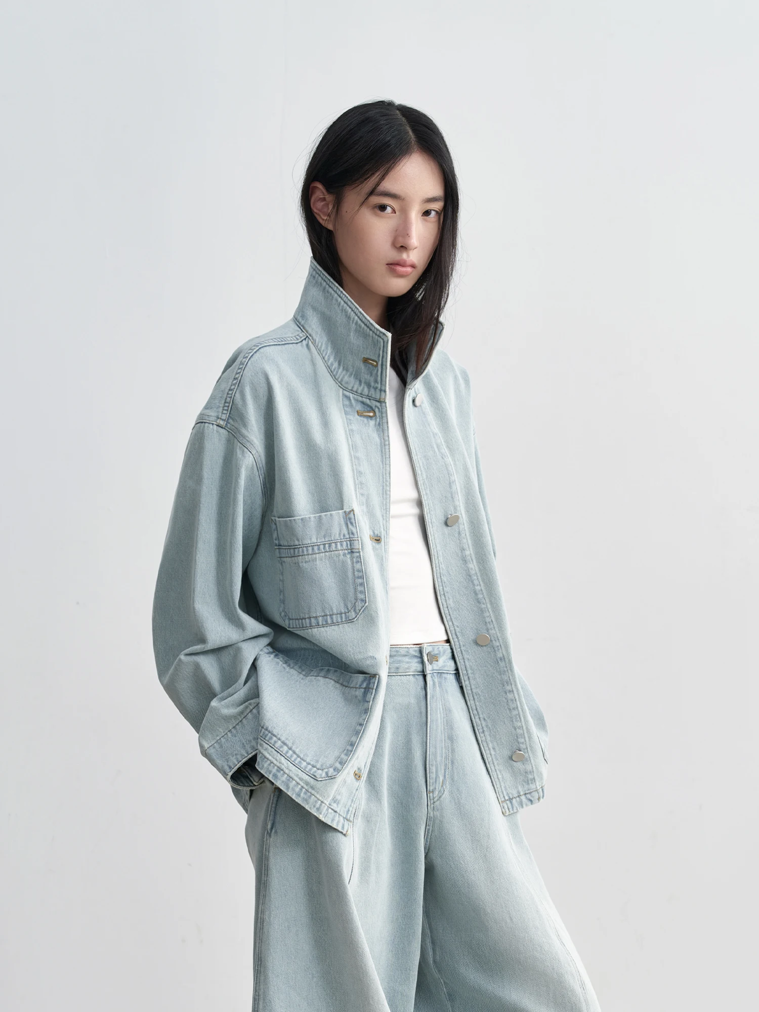 

Waed Blue Salted Jeans Workwear Jaet And YangHongTrousers Top Loose Fit Stand Collar Single Piece Casual Sle Women's Coat