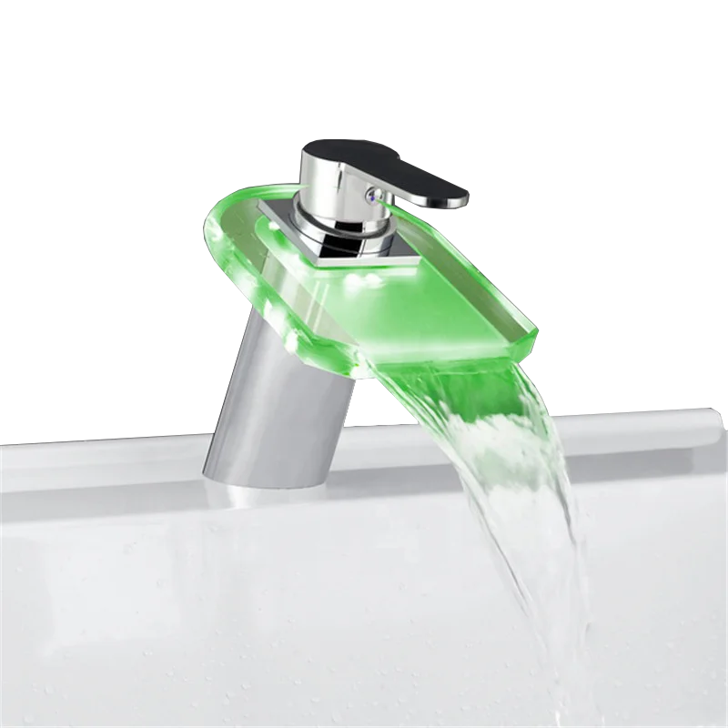 

Single Handle One Hole Deck Mounted Bathroom Chrome Hot and Cold LED Glass Brass Faucet Tap