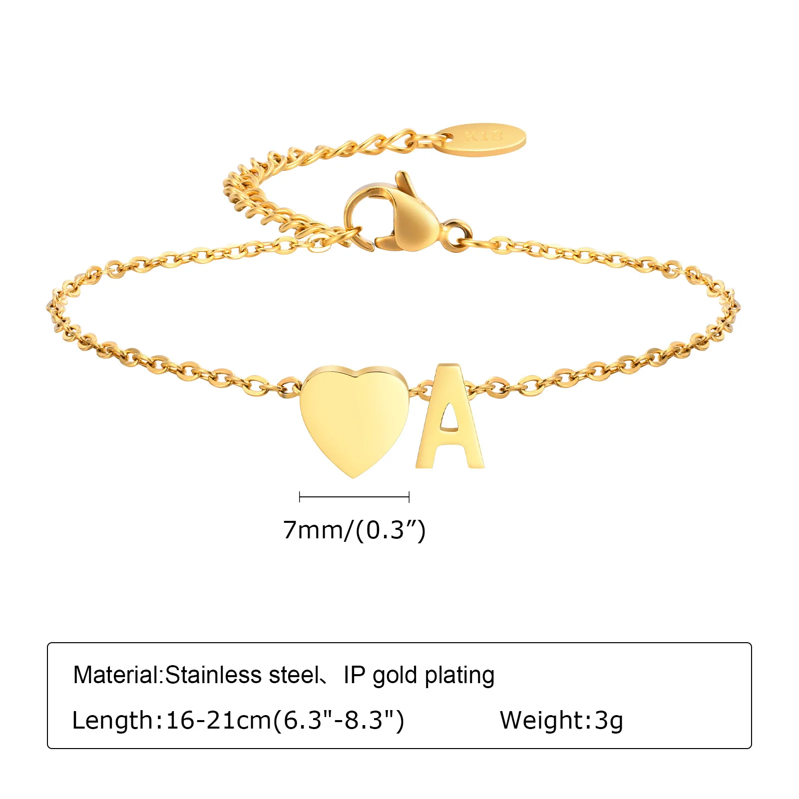 Dainty 26 Letters Initial A-Z Heart Chain Bracelets for Women Lady, Gold Color Plating Stainless Steel Cable Charm Wristband