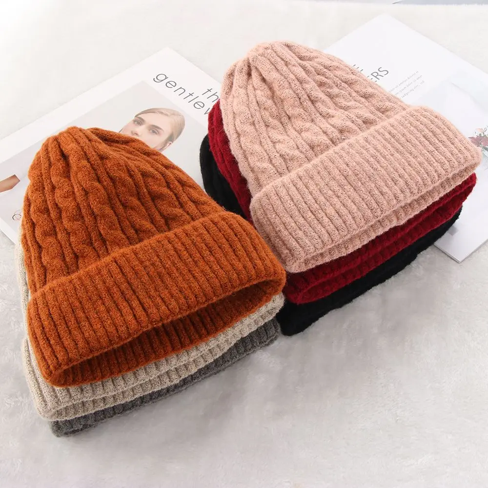 Fashion Soft Solid Color Thick Fleece Hedging Cap Wool Knitted Beanies Casual Ski Hats Slouchy Bonnet