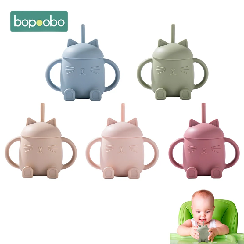 Baby Silicone Cat Shape Lid Feeding Cup With Handle Sippy BPA Free Toddlers Learning Drinkware Children Soft Straw Cup Tableware