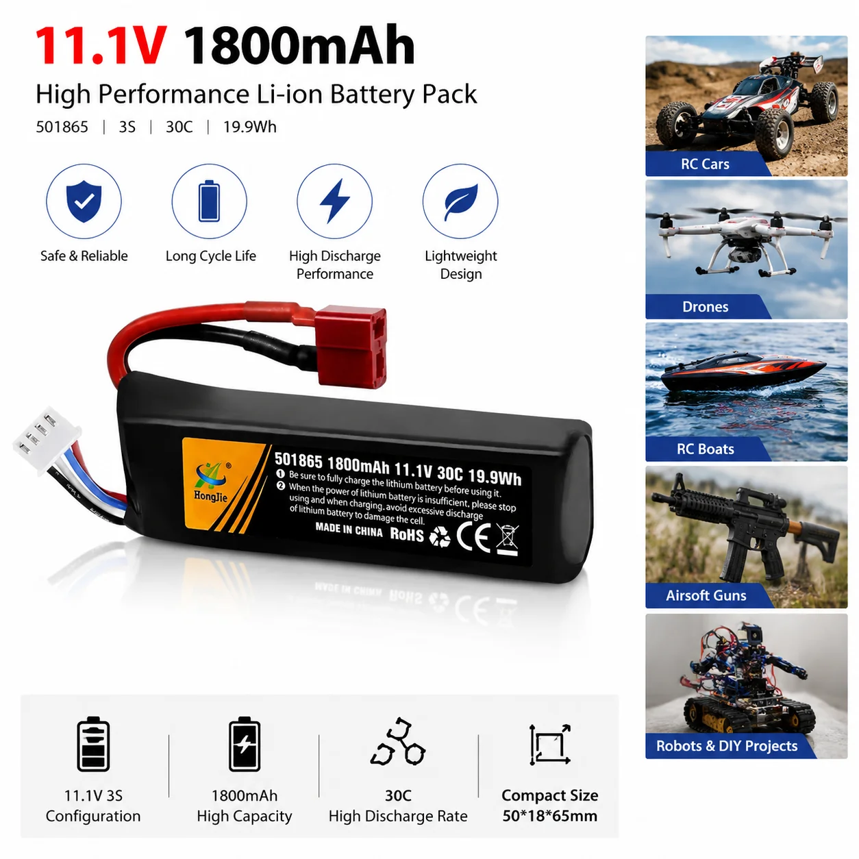 11.1V 3S 1800mAh Lipo Battery for RC Car Water Gun Mini Airsoft BB Air Pistol Electric Toys Guns Parts 30C 501865 Batteries