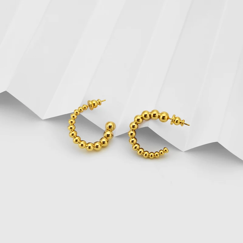 VAROLE Stainless Steel Beaded C‑Shaped Hoop Earrings Women Golden Color Beads Circle Ear Jewelry Daily Party Wear Accessories