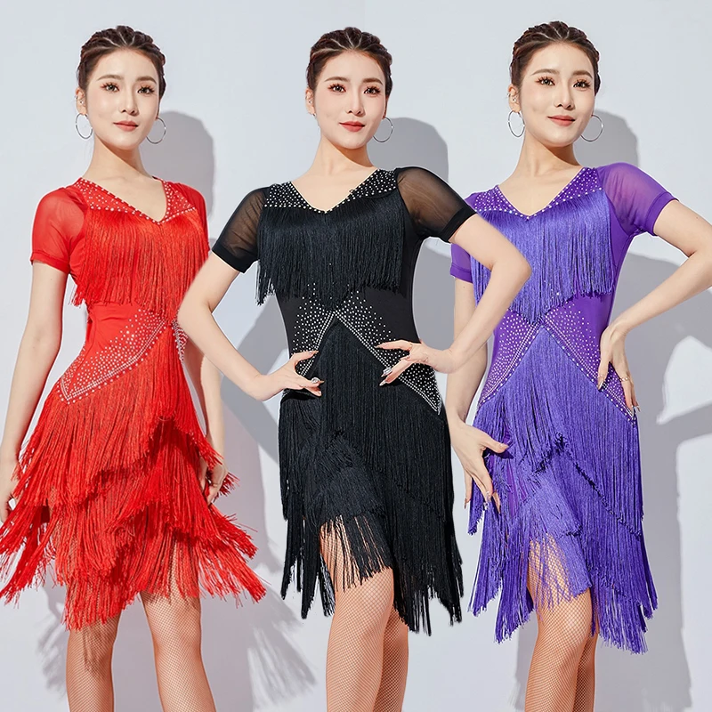 Zomer Fringe Latin Dans Jurk Vrouwen Samba Rumba Dans Outfit Zwarte Korte Mouw Jurken Volwassen Praktijk Dancewear Rood VDL4076