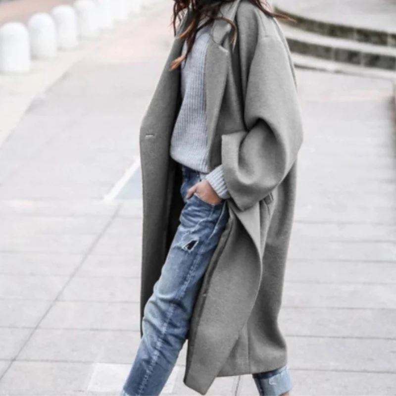 Plus-size Women's Windbreaker Jacket Casual Loose Turndown Collar Top Trenchcoat Laydies Woolen Overcoat For Spring Autumn S-3XL