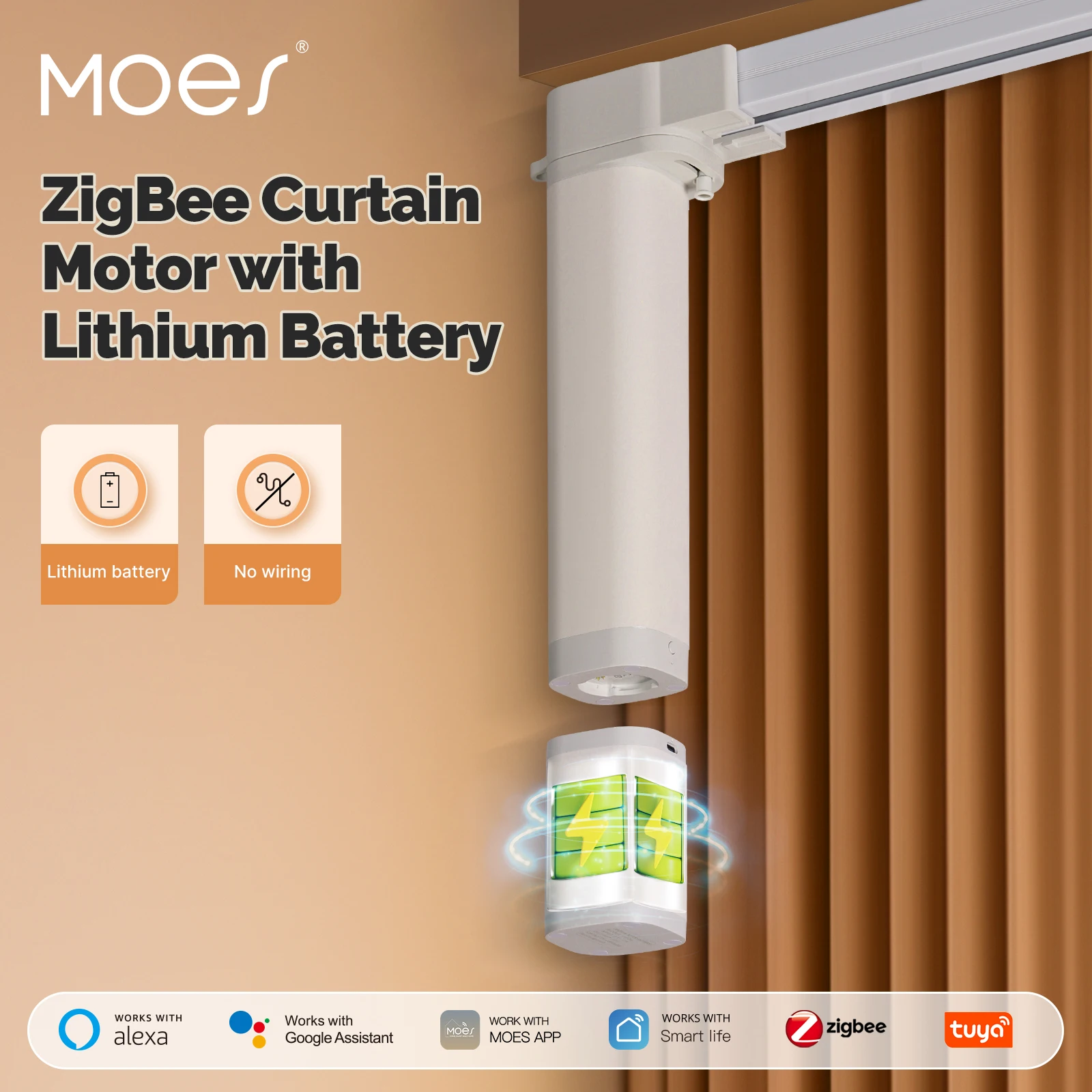 MOES ZigBee Rechargeable Curtain Motor 2500mAh Removable Lithium Battery Pull‑to‑Start Smart Curtain Motor for Alexa Google Home