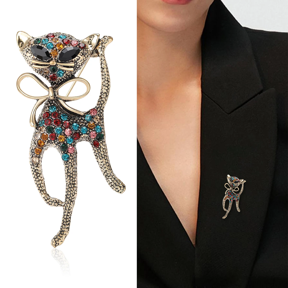 Beaut&Berry Classic Rhinestone Cat Brooches for Women Unisex Animal Pins Casual Party Accessories New Gifts Friends Decoration