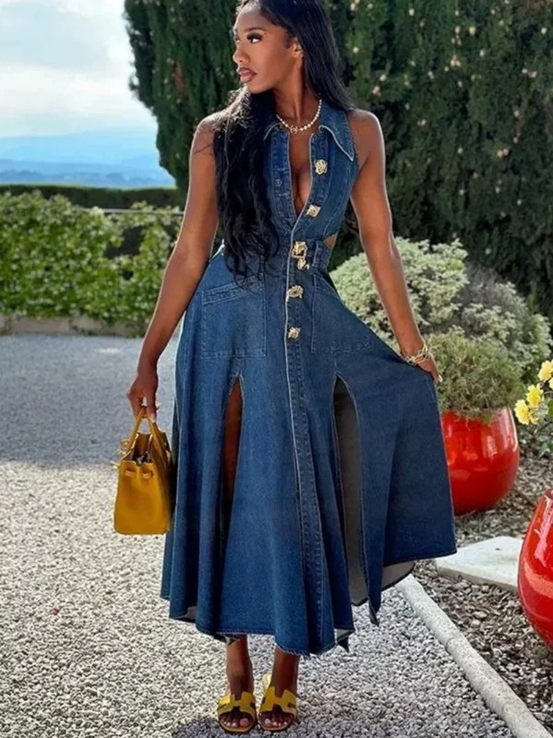 스트릿웨어 데님 드레스 여름 여성 의류 민소매 컷아웃 하이 슬릿 롱 드레스 이브닝 파티 클럽 청 드레스