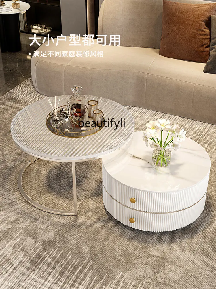 Stone Plate Son and Mother Changhong round Glass Coffee Table Simple Combination Living Room Home Small Apartment