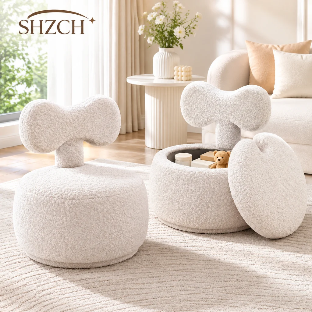 Joylive Lamb Wool Fabric Small Stool for Living Room Sofa Backrest Small Chair Rotatable Chair Storage Stool