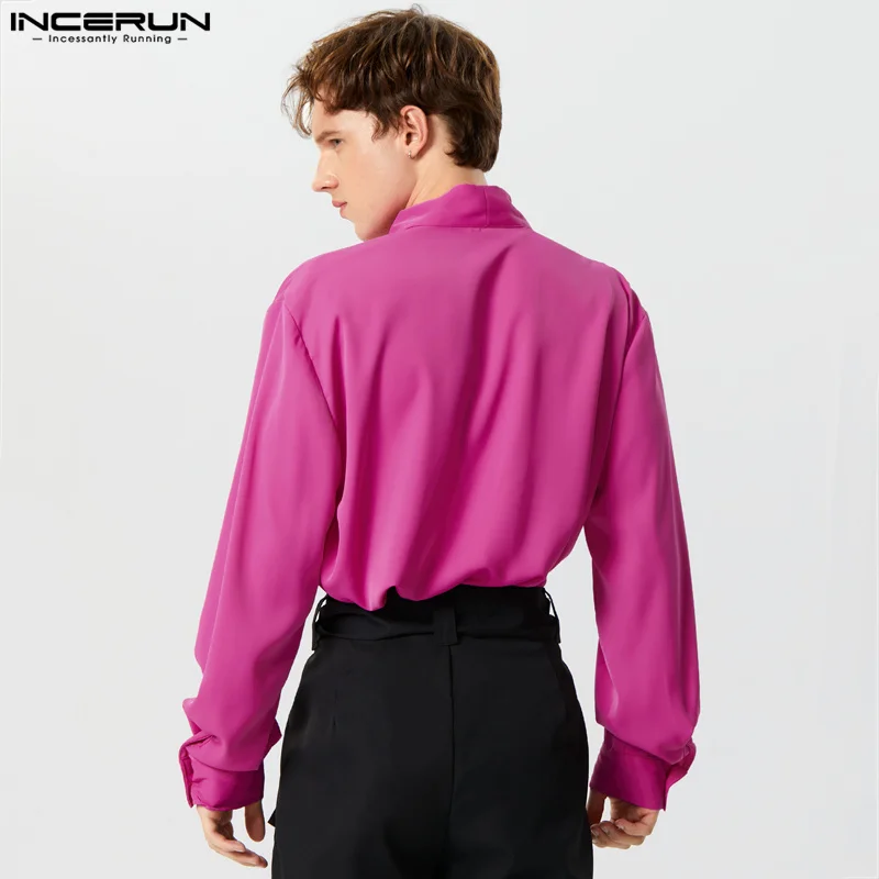 INCERUN Tops 2023 American Style Men\'s Ribbon Deep V Design Shirts Fashion Leisure Male Bright Fabric Long Sleeved Blouse S-5XL