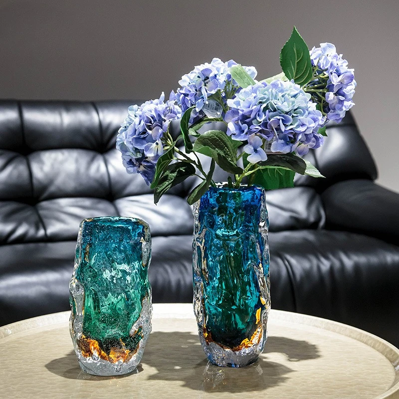 Peacock blue glazed light luxury high-end glass vase ornament, living room flower arrangement entrance model room decoration