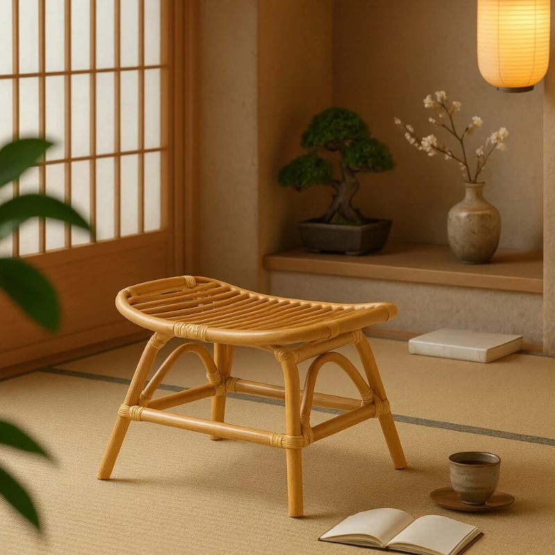Vintage Japanese Rattan Boat-Shaped Ottoman Footstool Solid Wood Sofa Leg Rest for Living Room Bedroom Guesthouse