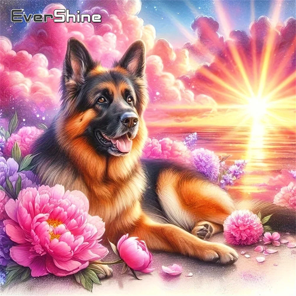 Evershine Diamant-Mosaik Hund Vollquadrat-Drucknägel Tier-Strass-Stickerei Strandbild Blumen-Wanddekoration