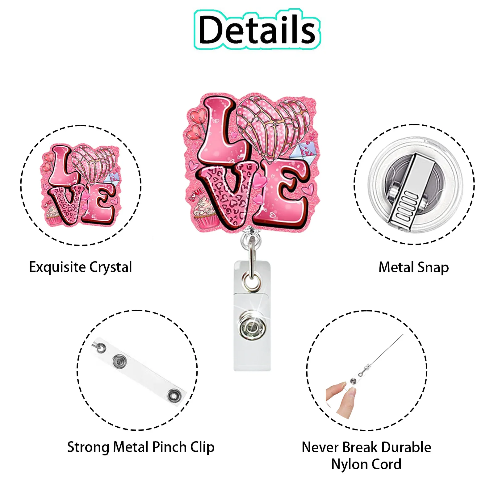 Porta-crachá retrátil acrílico coração crachá carretel criativo escritório escola presente do dia dos namorados