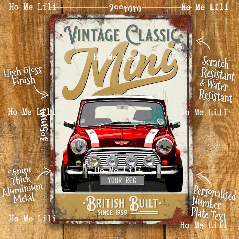 Personalised Vintage Mini Metal Tin Sign Wall Door Decor Classic Car Accessory Austin Rover Garage Man Cave Shed Retro Plaque