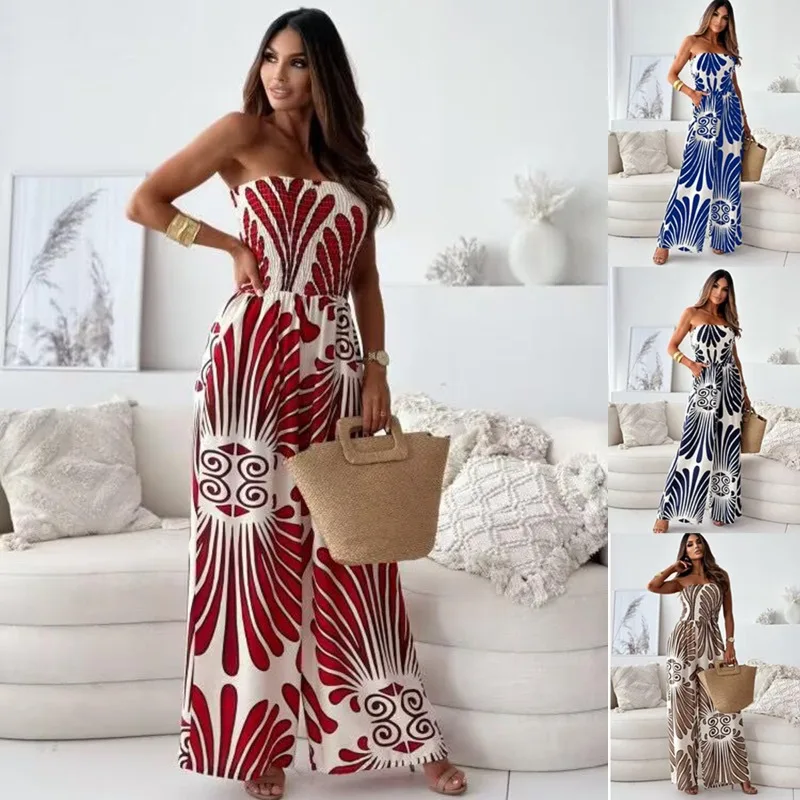 Mono sin tirantes elegante y elegante, mono estampado con hombros descubiertos, mono de pierna ancha con cintura ajustada sin espalda de estilo étnico