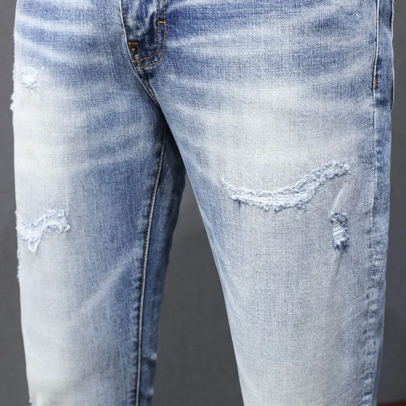 Streetwear Fashion Men Jeans High Quality Retro Light Blue Stretch Slim Fit Ripped Jeans Men Vintage Designer Brand Denim Pants