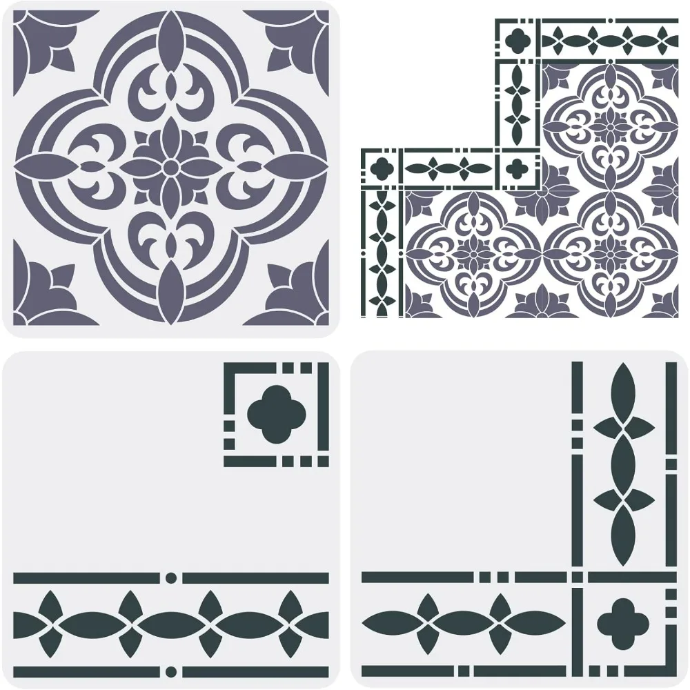 3 pçs santa ana telha estêncil 11.8x11.8 polegada reutilizável piso telha estêncil borda & cantos estênceis mandala piso telha estêncil