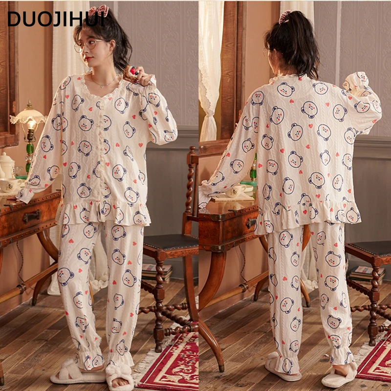 DUOJIHUI-Pijama informal de dos piezas para mujer, cárdigan clásico con cuello redondo, pantalón suelto, Conjunto de pijama Simple para otoño