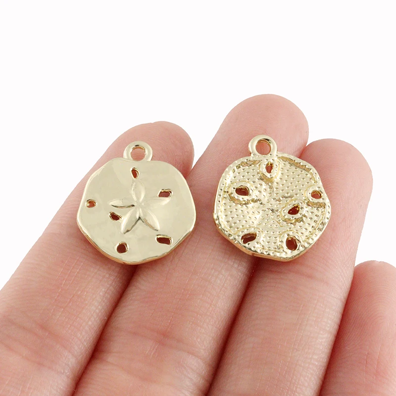 ZXZ 10pcs Gold Plated Sand Dollar with Starfish Charms Pendants Beads for Earrings Necklace Bracelet Jewelry Making 18x21mm