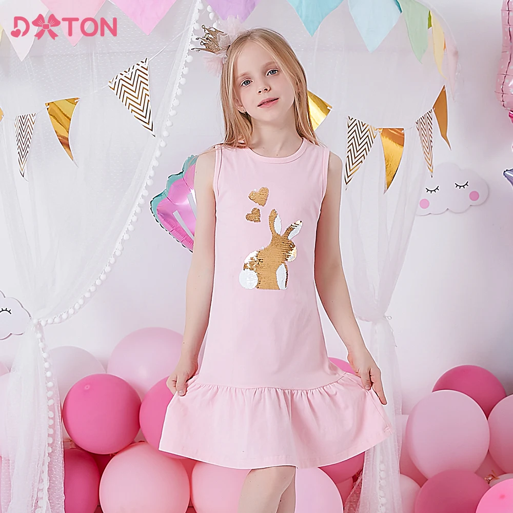 DXTON Kids Rabbit Sequined Dresses Girls Sleeveless Summer Ruffles Dress Kids 100% Cotton Casual Dress Children Clothes 3-8 Yrs