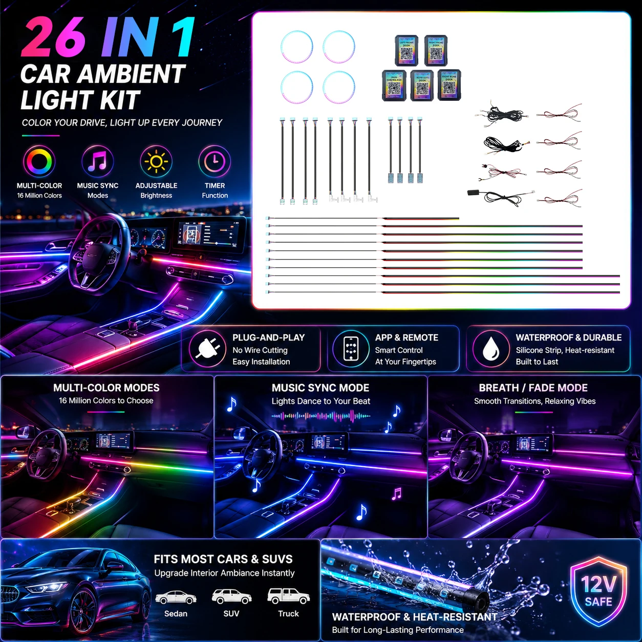 

Symphony Car Ambient Light Kit APP Control Dynamic Interior LED Strip 26 in 1 for Universal Cars