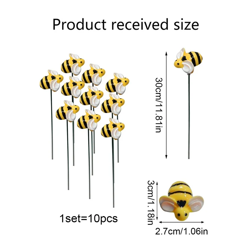 10PCS Bee Garden Stakes Decor Metal Yard Art Ornaments Front Yard Art Stick Floral Picks Spring Summer