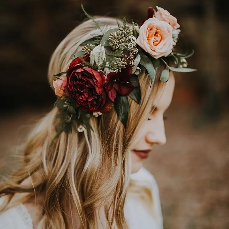 AWAYTR New Flowers Wreath Crown Festival Headband Women Hair Accessories Headdress Girl Floral Garland Wedding Floral Headwear