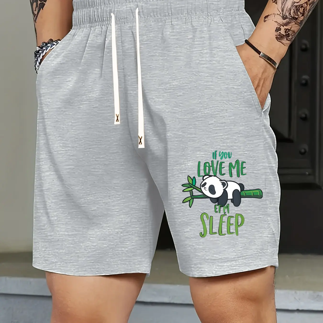 Men's Shorts with Panda Sleep Slogan Print, Featuring Waistband and Pockets, Summer Street Fashion Shorts