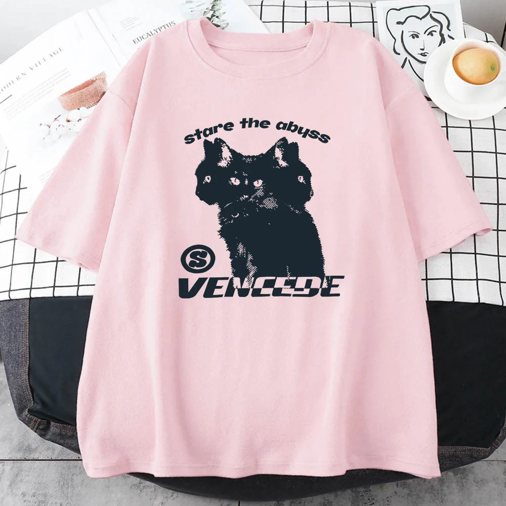 Japanese Kanji Cat Girls T-shirt Short Sleeve Women/Men Cute Tee-shirt Streetwear Kawaii Graphic Printing Tees Pure Cotton Tops