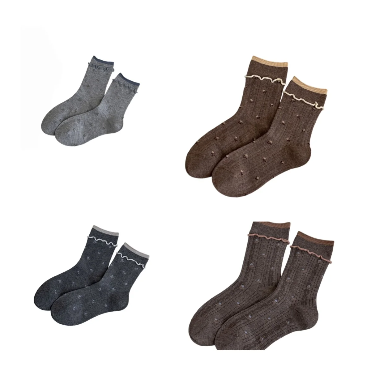 Korean Style Women Ruffle Trim Floral Print Mid-Calf Socks, Vertical Ribbed Knit Soft Cotton Cute Flower Pattern Stacking Socks