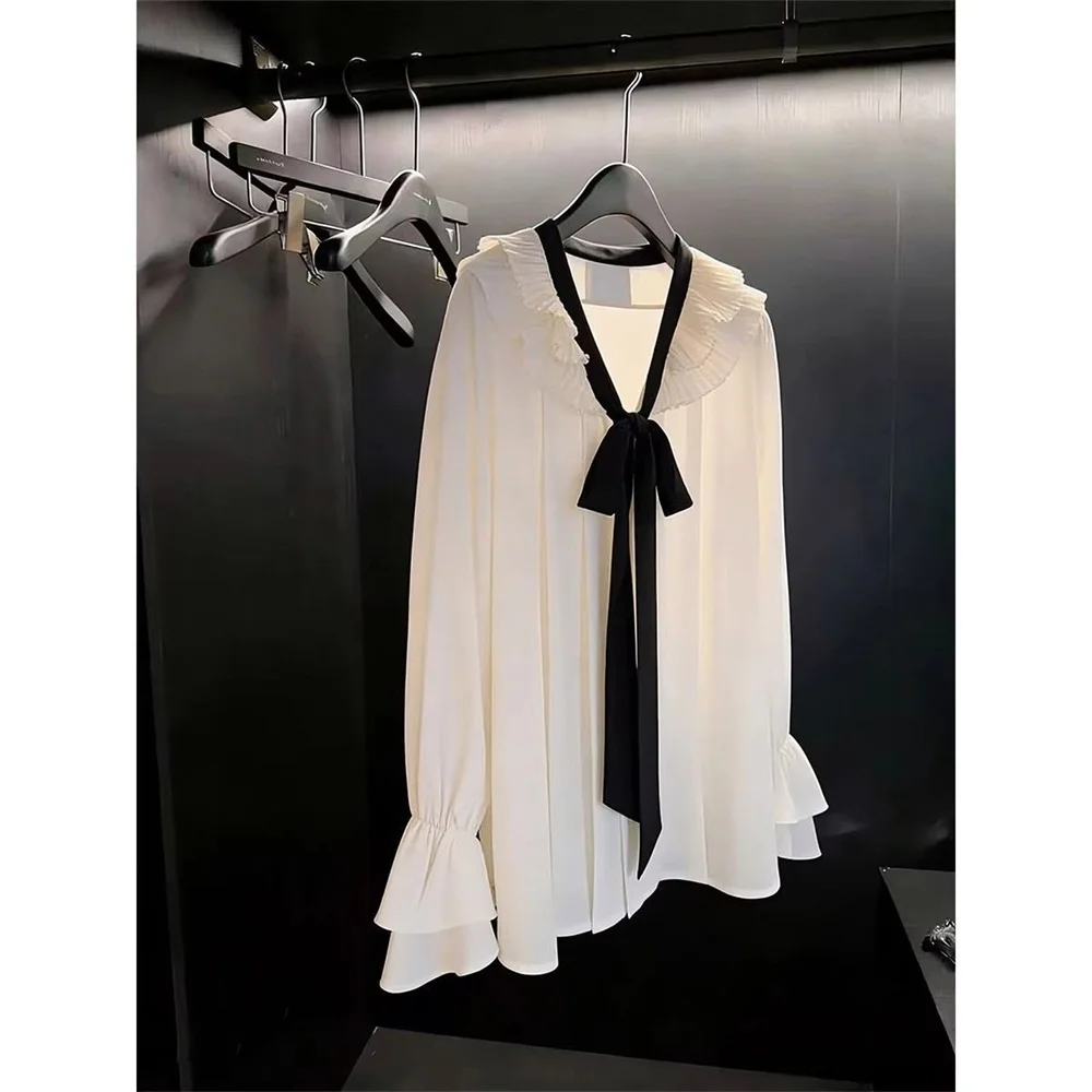 

Elegant Ruffles V-neck White Blouse Lace Up Long Sleeve Casual Female Shirt 2026 Spring Office Lady Loose Shirt Top Age-reducing
