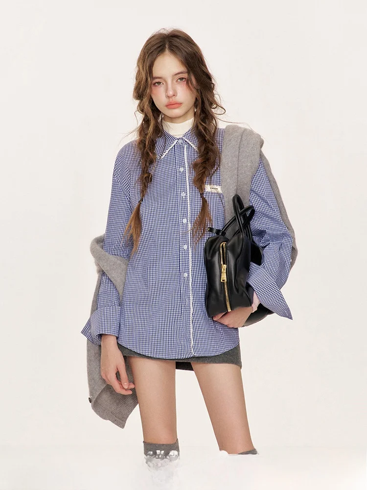 

Романтичное свободное повседневное пальто-рубашка в клетку с кружевной отделкой, из смесовой ткани (хлопок, нейлон, полиэстер), с длинными рукавами, для делового повседневного стиля, женский топ