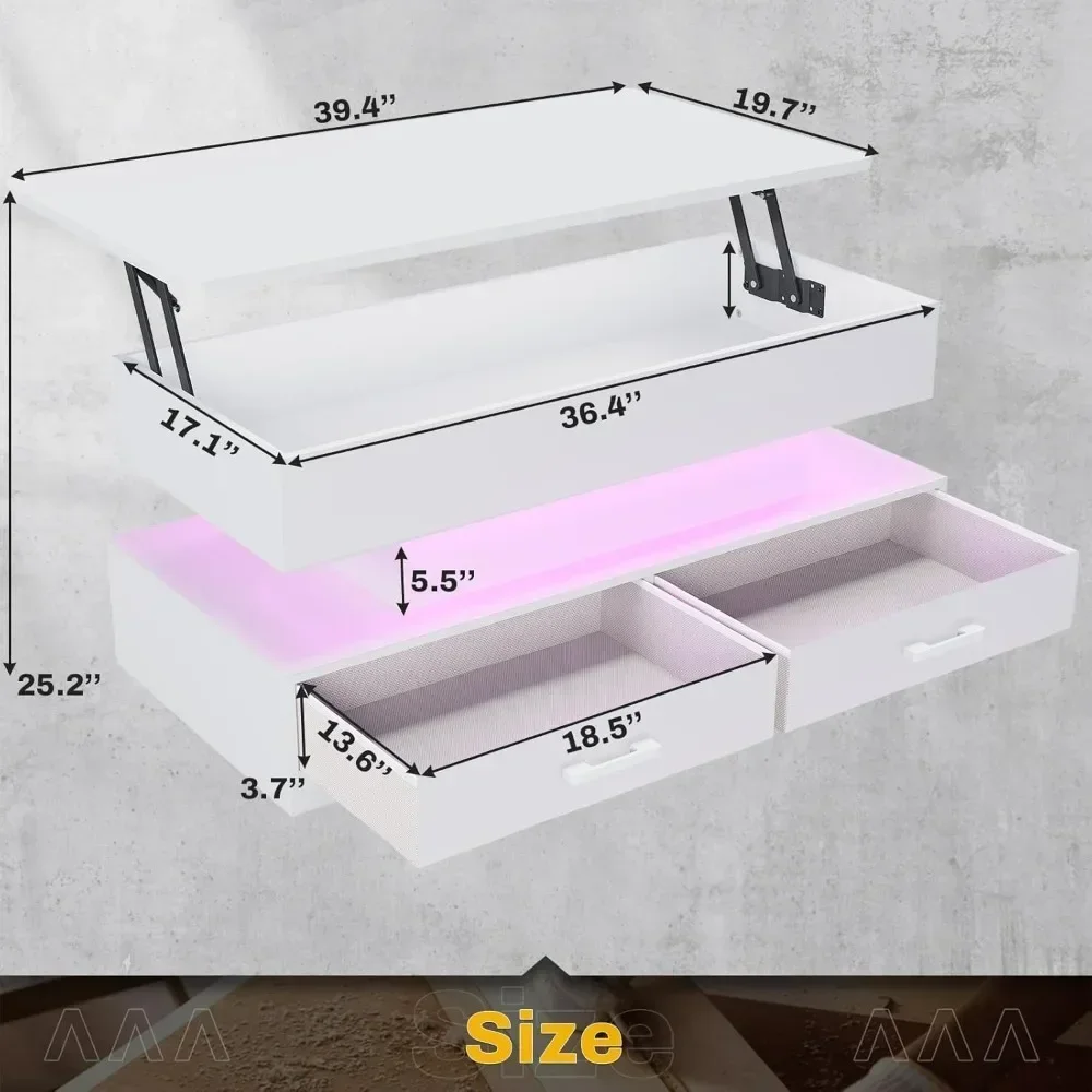 Table basse relevable avec rangement pour salon, petite table basse avec 2 égouts en tissu et lumière LED