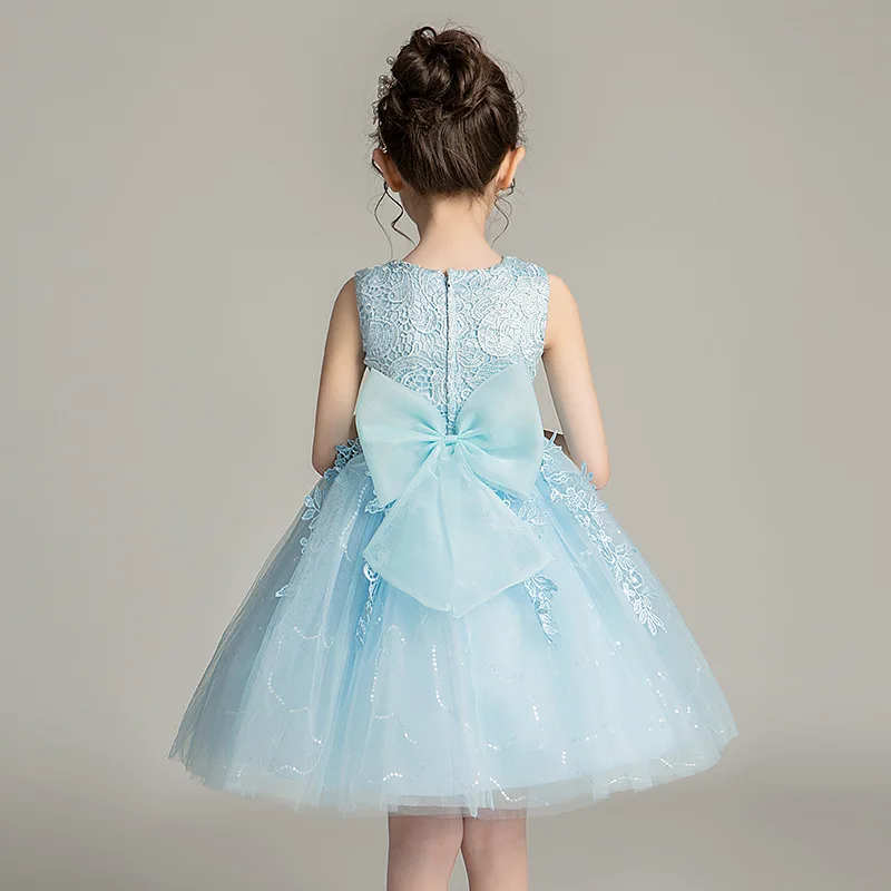 Summer Blue White Pink Champagne Kids Junior Princess Flower Girls Dress Birthday Wedding Party Tulle Water-soluble lace Gown