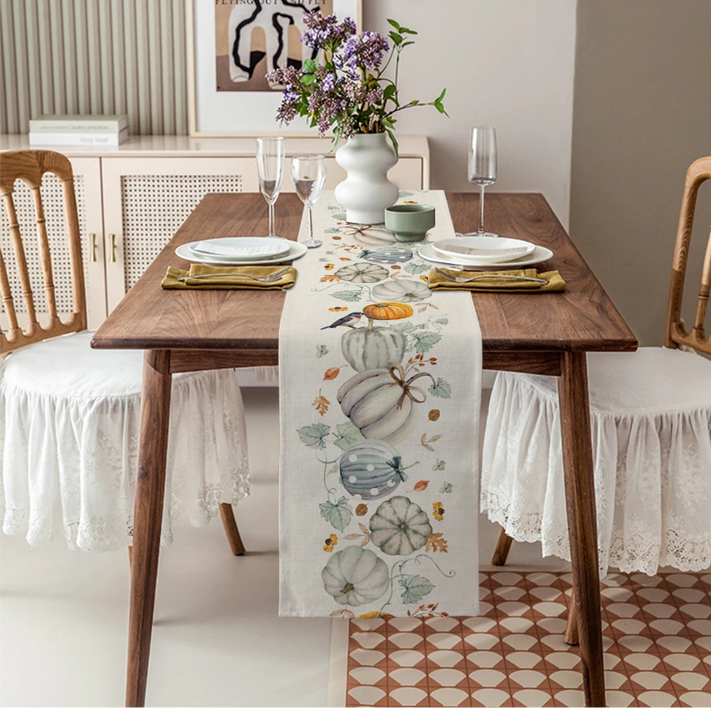 Autumn Pumpkin Maple Bird Linen Dining Table Runner Country Decor Washable Table Runner For Dining Tables Christmas Tables Cloth