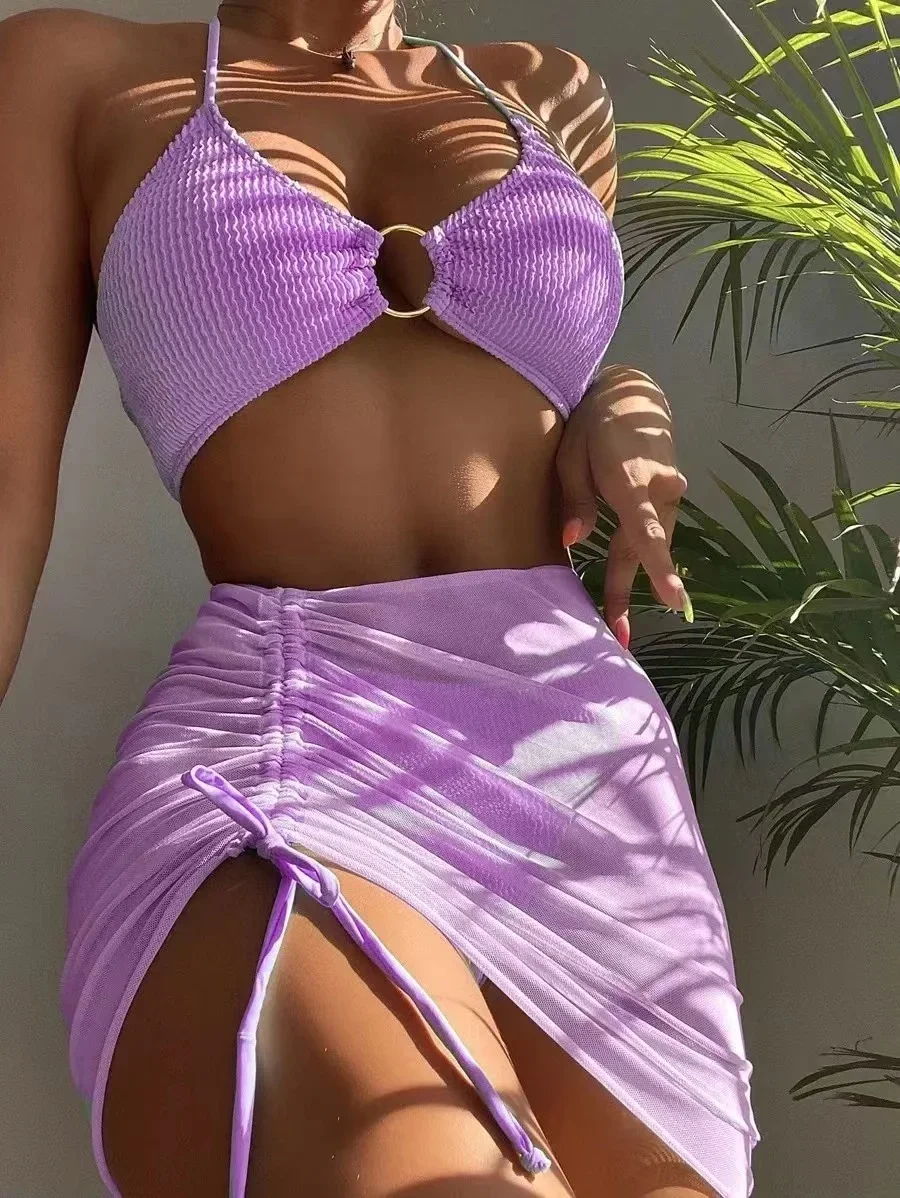 2024 3 pieces set Mesh Swimsuit Women Halter Micro Ribbed Bikini High Waist Swimwear Sexy Solid Beachwear Bathing Suit Biquini