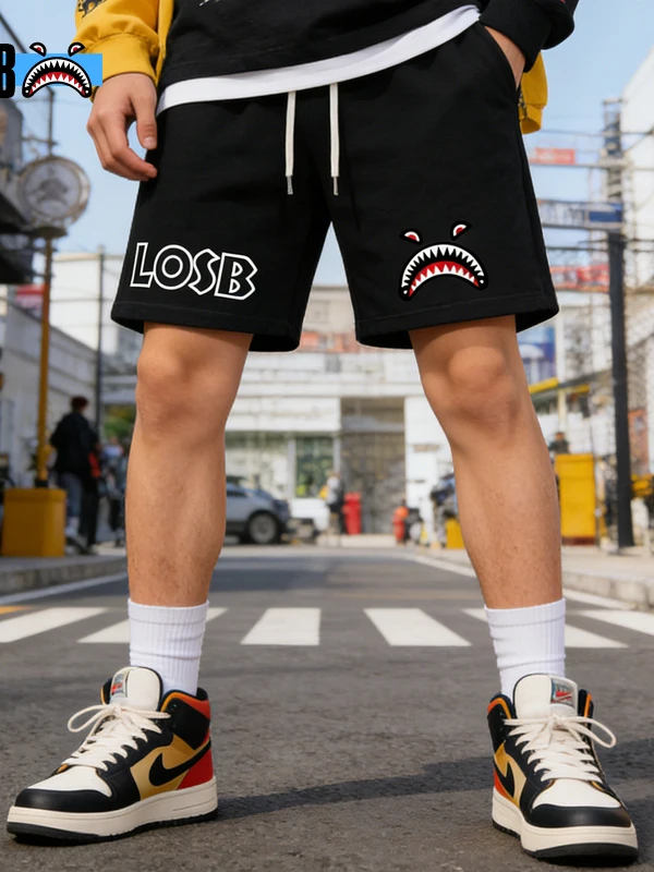 Losb - Pantalones Cortos Deportivos para Hombre, Estilo Urbano Americano Original, con Estampado de Boca de Tiburón, Corte Ho...