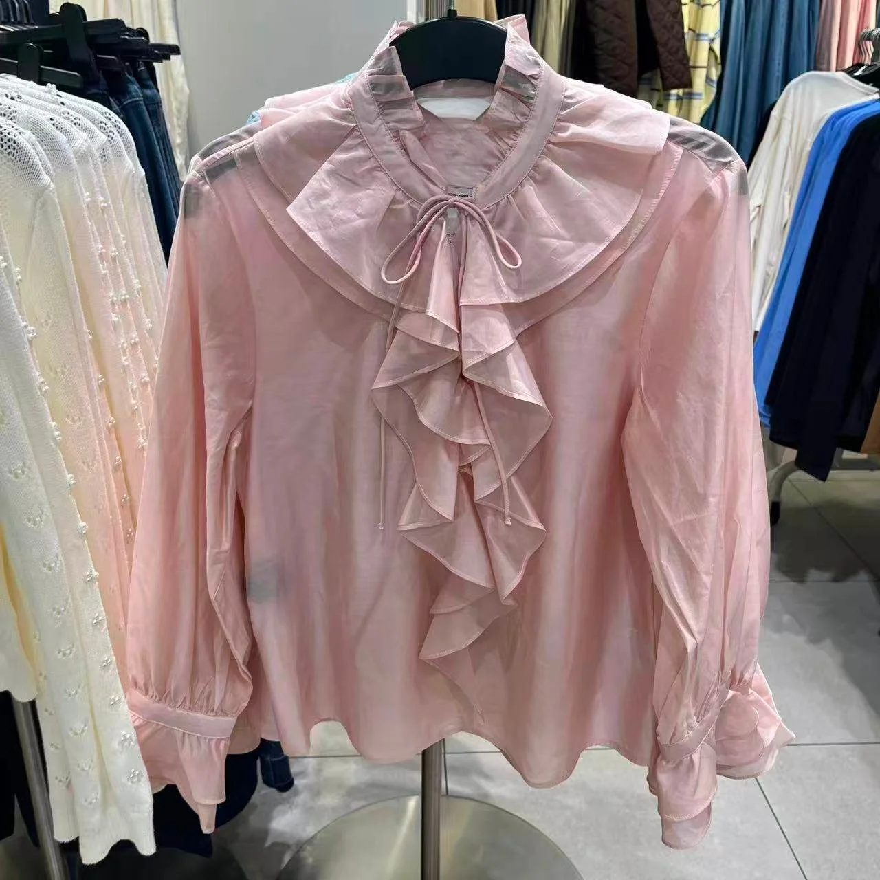 

2026 new women's fashion elegant style pleated V-neck layered long sleeved lace up ruffle edge shirt top