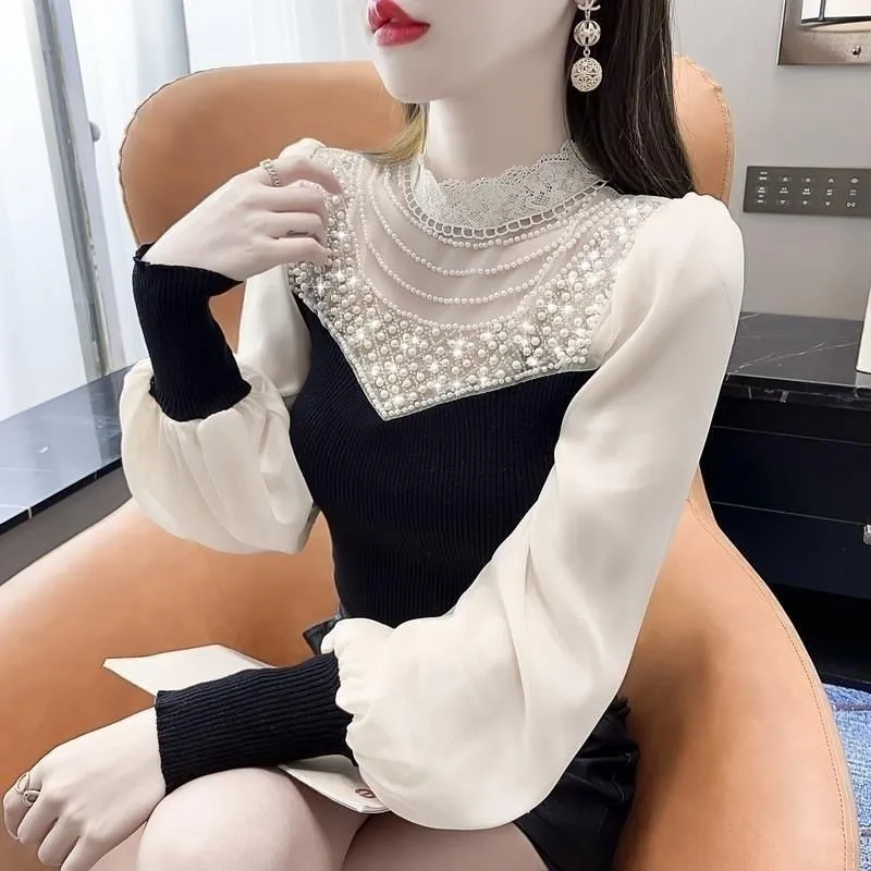 Women Elegant Lace Splice Knit Top Heavy Beaded Puff Long Sleeve Slim Fit Fitted Blouse Spring Autumn Ladies Chic Shirt