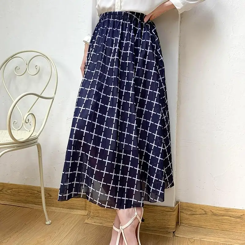 Classic Casual Plaid Large Swing Skirt Women High Waist Office All-match Mid Length Version Wave Point Lady A-line Skirt