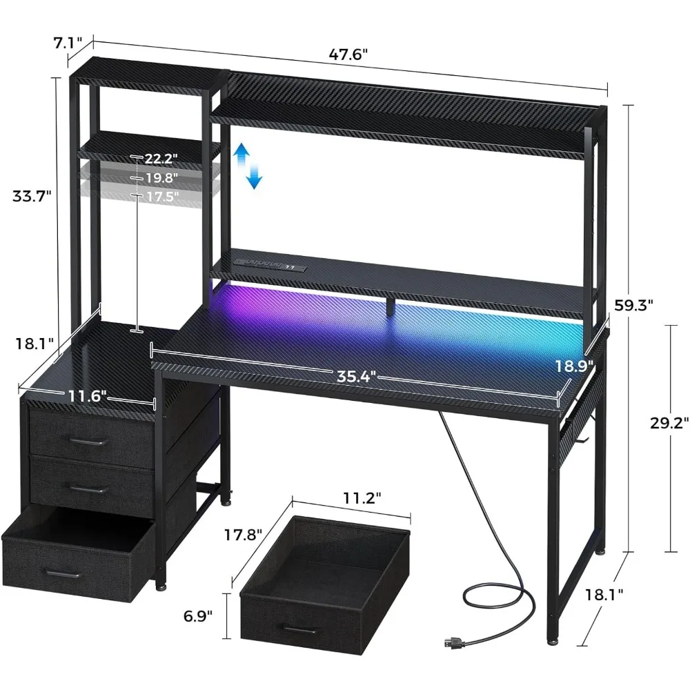 Mesa de jogos de 48 polegadas com gaiola e 3 gavetas de tecido, mesa de computador com portas USB e luzes LED, mesa de jogador de PC reversível com Mo