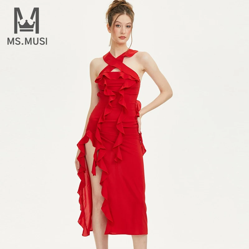 

MSMUSI 2024 New Fashion Women Sexy Halter And Strapless Draped Falbala Ruffles Sleeveless Bodycon Party Club Midi Dress Vestidos