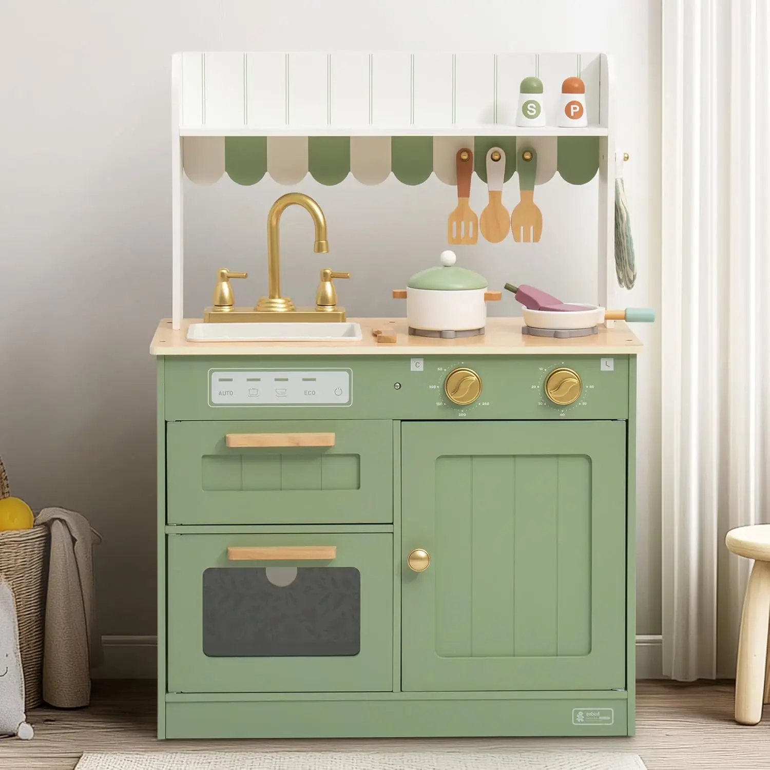 Wooden Play Kitchen Set for Kids, Pretend Play Kitchen Toy Set with Golden Faucet, Sink, Oven, Stove, Cabinet, Vintage Style, Gi