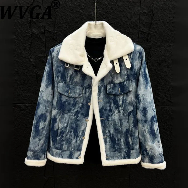 

WVGA Зимняя новая мужская модная джинсовая дубленка с золотым тиснением, корейский стиль, нишевые шикарные повседневные пальто с отложным воротником W14583