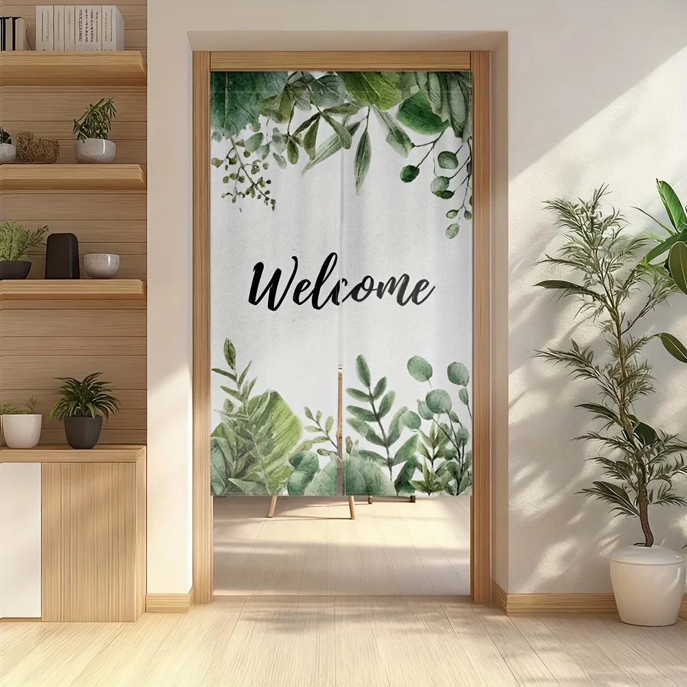 Botanical Welcome Noren Curtain – Green Leaf Design, Elegant Script, Japanese Style, Easy Setup, for Entryway or Living Room